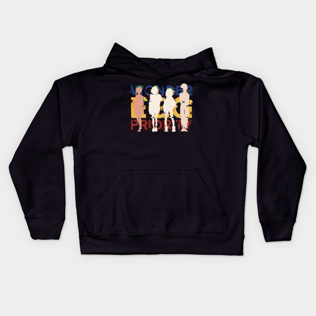 WEP6 Wonder Egg Priority anime main characters Neiru aonuma, Ai ooto, Rika kawai, Momoe sawaki Brown, blue, blonde, red hair girls Awesome GLITCH SILHOUETTE and TYPOGRAPHY x Animangapoi august 2023 Kids Hoodie by Animangapoi